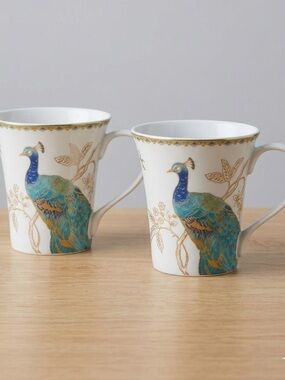 222 Fifth Peacock Garden Elegant Fine Porcelain 10oz Mugs Set of 2 White Gold